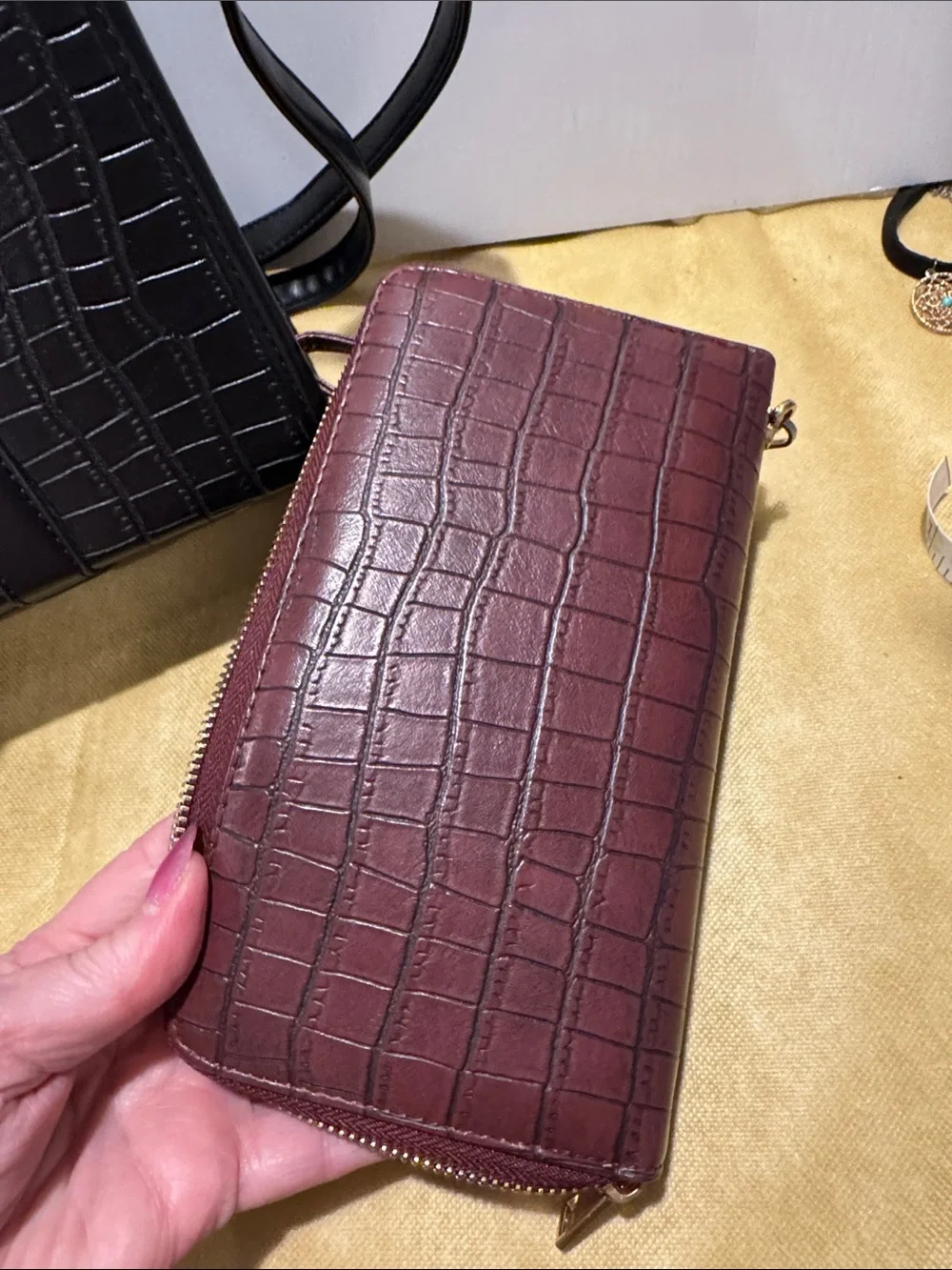 Croc-Embossed Black and Burgundy Satchel with Gold Accent Matching Billfold